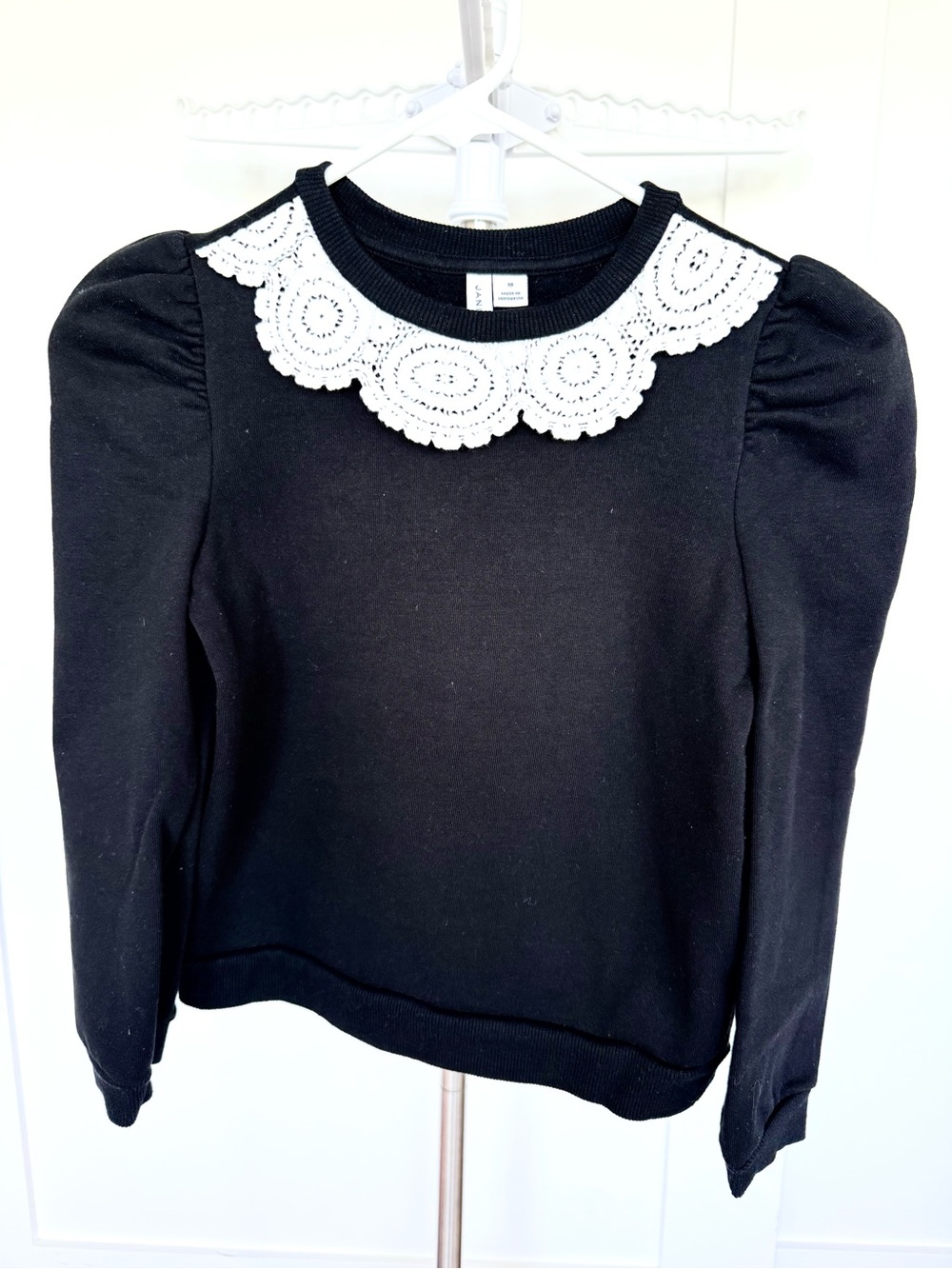 Janie and Jack Girl Black Sweatshirt with White Crochet Collar